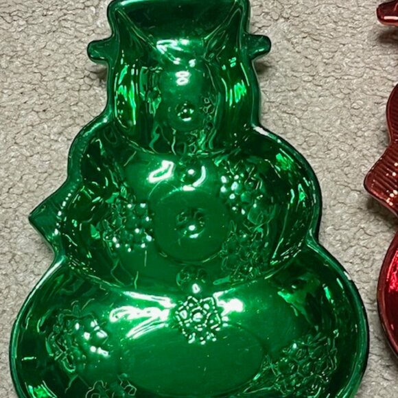 VTG Red & Green Decorative Snowman Holiday Candy Treat Plates Dishes Set of Two - Picture 3 of 16